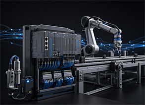 Sistema de automação industrial com PLC, sensores e robô